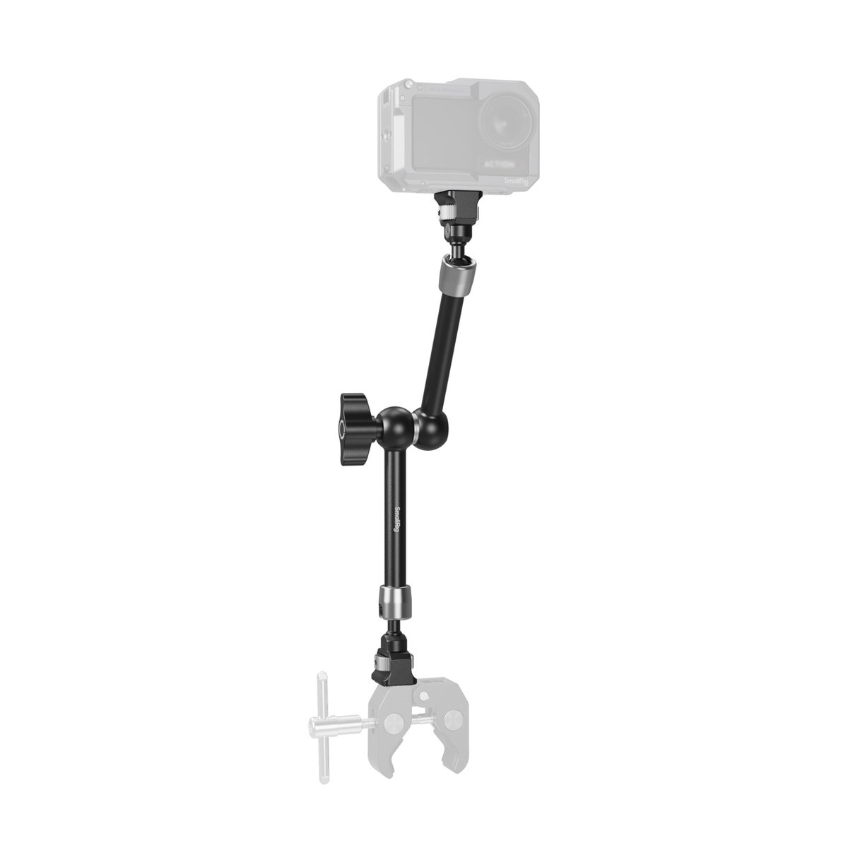 SmallRig 5309 Magic Arm Support 11 Zoll - Anwendungsbeispiel des Gelenkarms mit Action-Kamera und Klemme.
