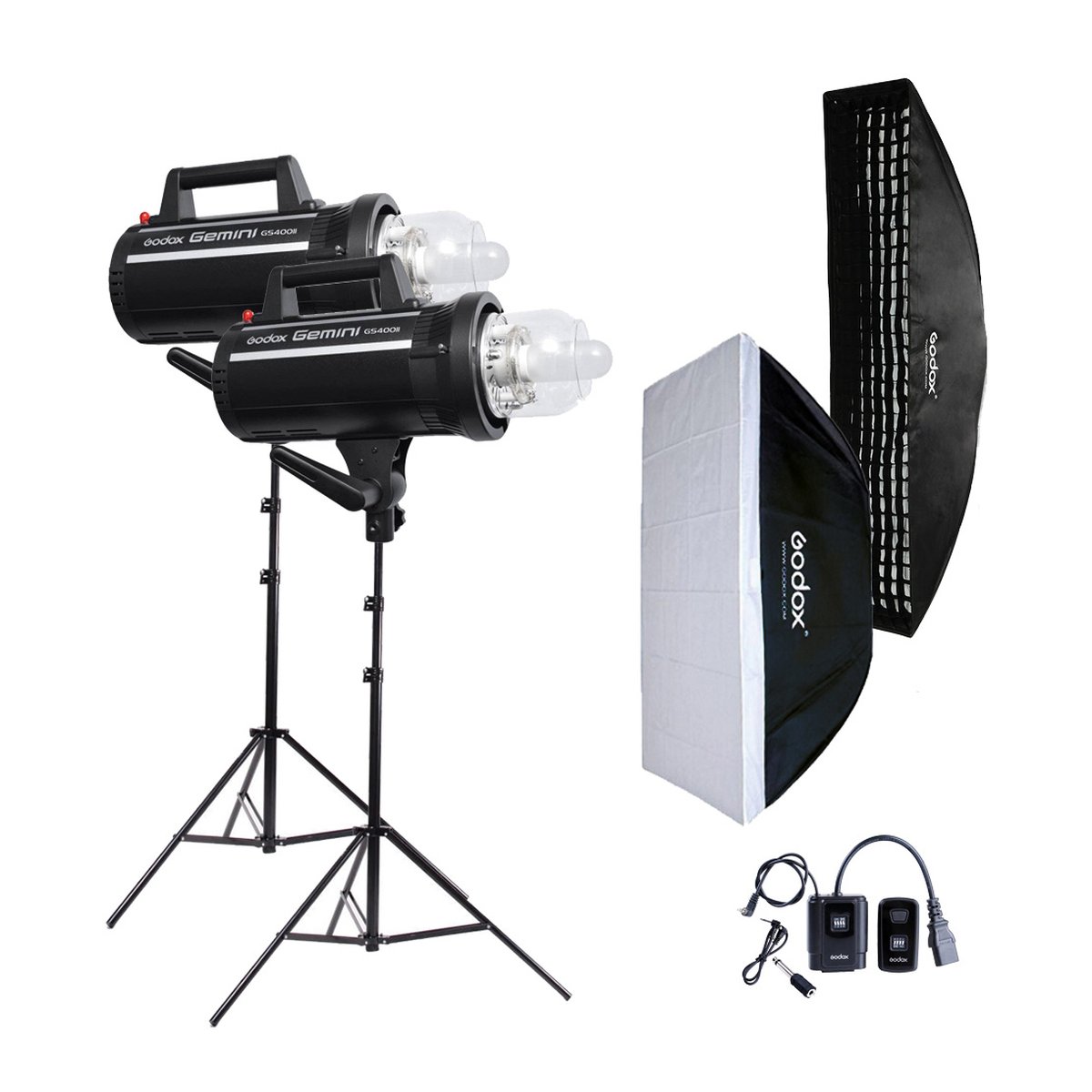 Godox GS300II Creative kit - Lieferumfang des Studioblitz-Sets mit zwei Blitzen, Stativen, Softboxen und Zubehör