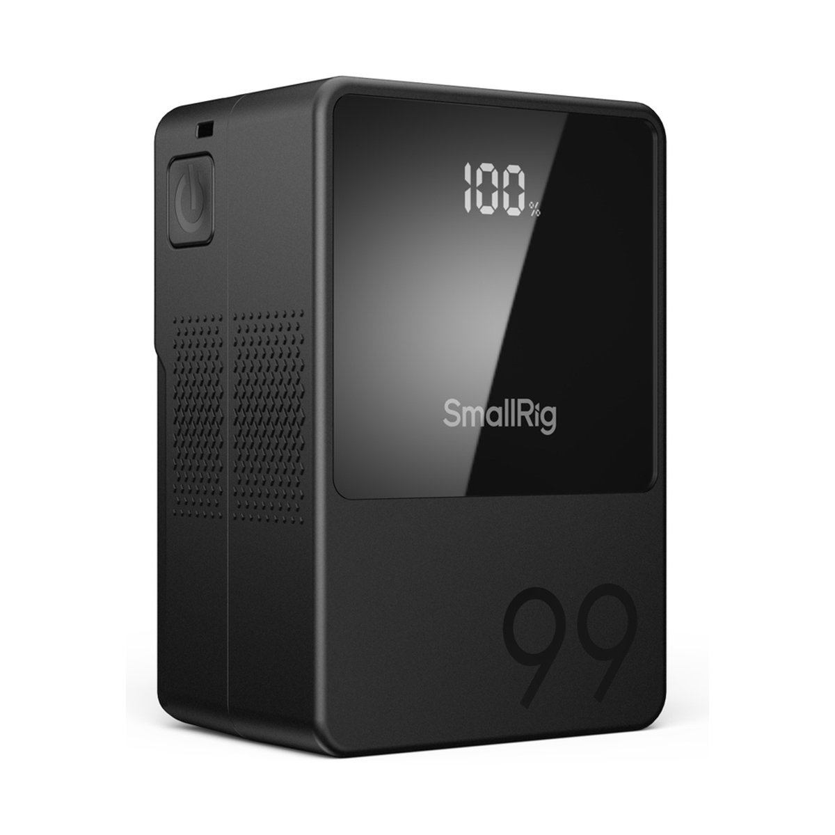 SmallRig 3580B VB99 mini V-Mount Akku - SmallRig Powerbank 99: Schräge Frontansicht mit beleuchtetem Display (100%) und seitlichem Power-Button.
