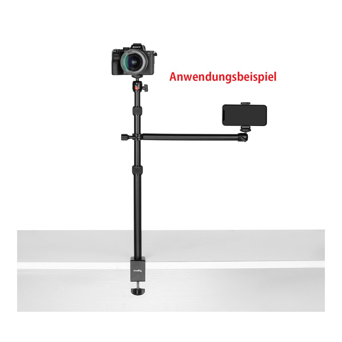 SmallRig3992 Encore DT-30 Tischhalterung mit Haltearm - Anwendungsbeispiel: Tischhalterung mit montierter Kamera und Smartphone