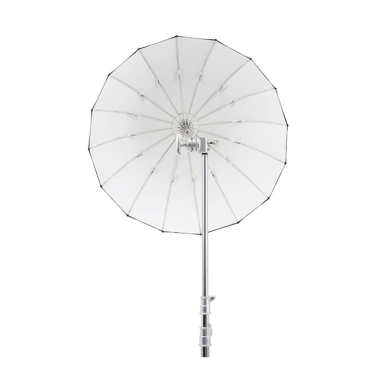 Godox 85cm Parabolic Umbrella Black&White - Komplettansicht eines großen, weißen, transparenten Foto-Regenschirms auf Ständer