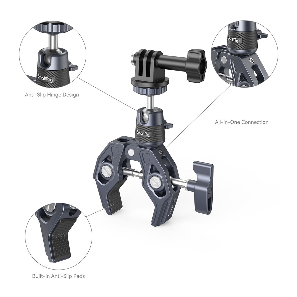 SmallRig 4102B Super Clamp mit 360° Kugelkopfhalterung für Action-Kameras - Funktionsübersicht der Kameraklemme: Anti-Rutsch-Scharnier, All-in-One-Anschluss, Anti-Rutsch-Pads.