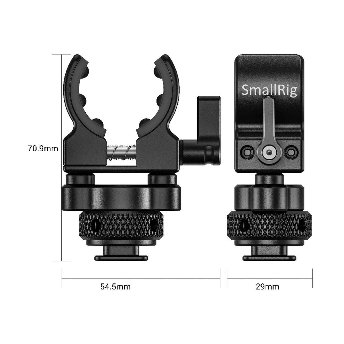 SmallRig 2352 Shotgun Mikrofon-Halterung mit Blitzschuh - Produktansicht mit Maßen
