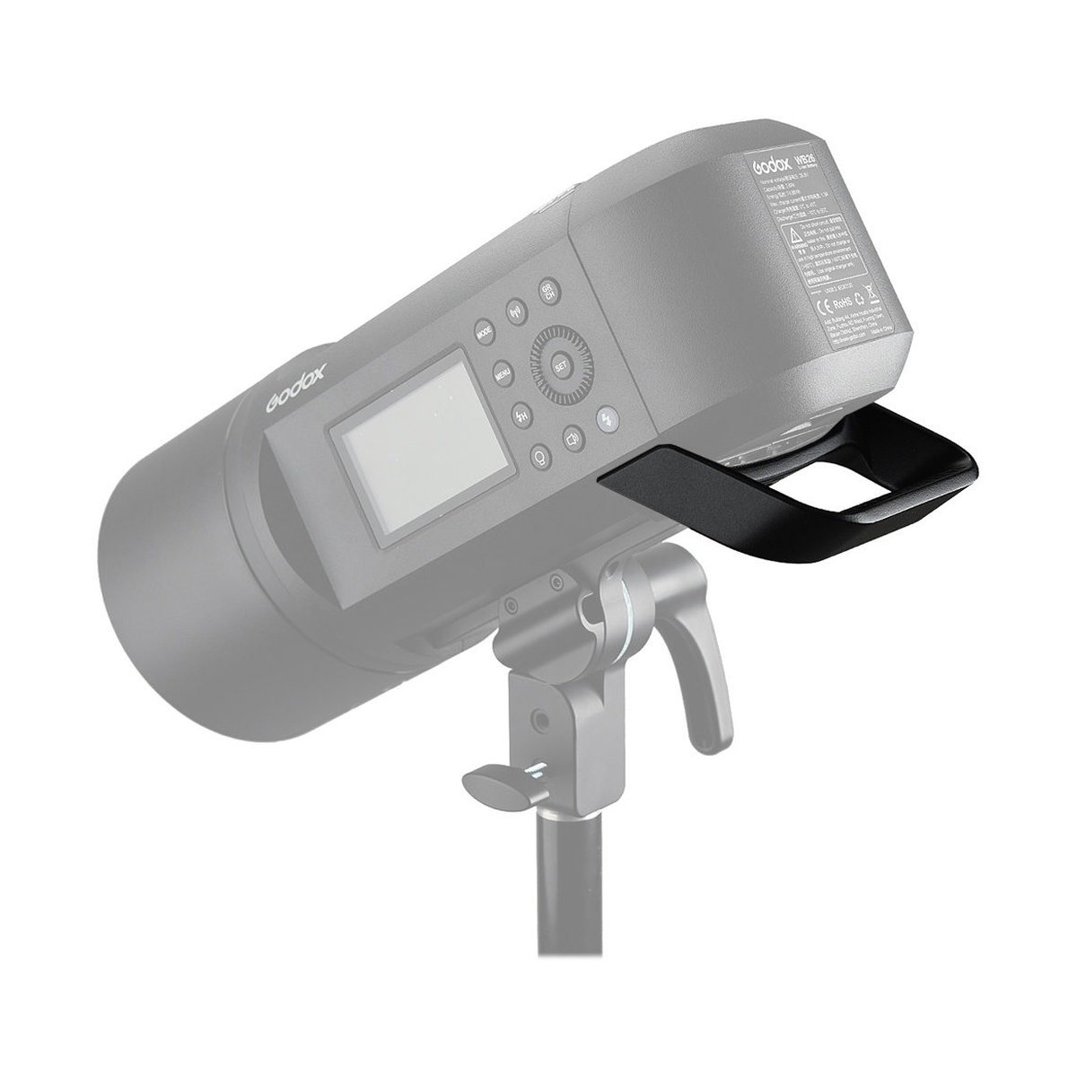 Godox AD600PRO Studio-Griff - Detailansicht Godox Blitzgerät, seitlich, mit Display, Bedienelementen und Stativhalterung.
