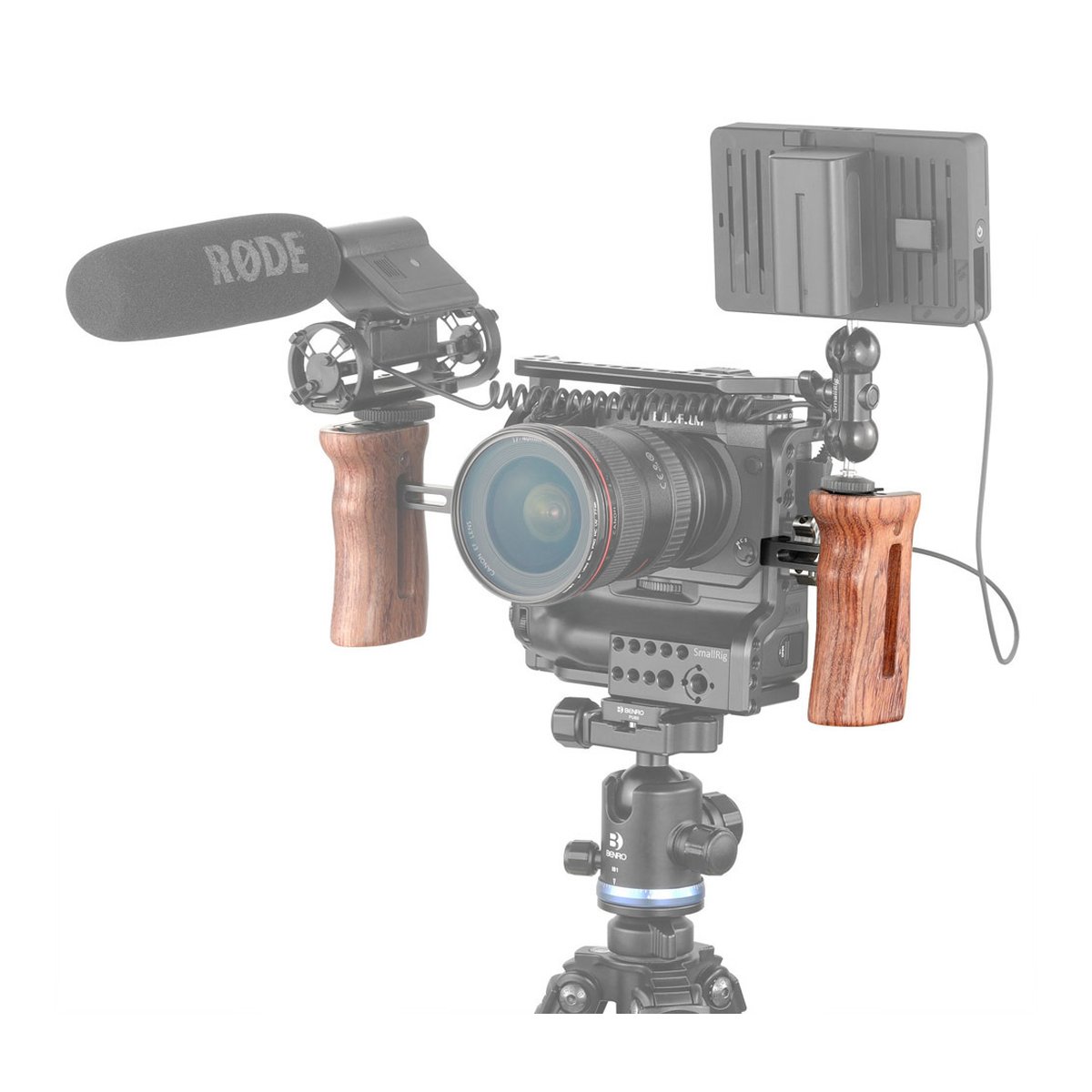 SmallRig 2093 Universeller Holzgriff justierbar - Anwendungsbeispiel: Kamera-Rig mit zwei Holzgriffen, Mikrofon und Monitor.