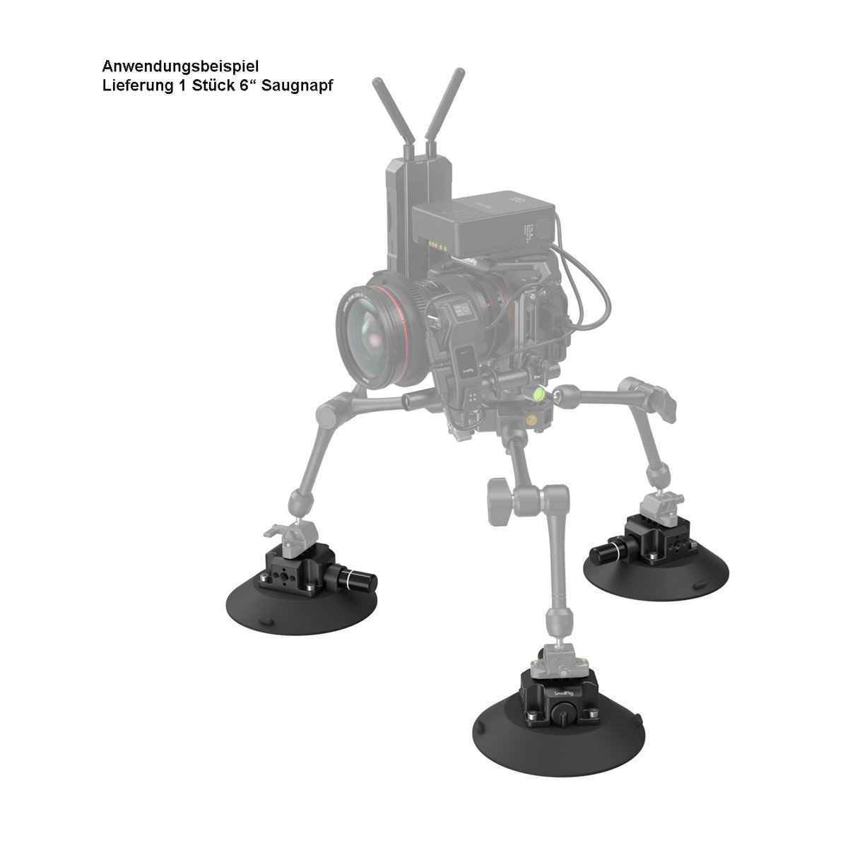 SmallRig 4114 6" Saugnapf- Kamerahalterung - Anwendungsbeispiel: Kamera-Rig montiert auf drei 6-Zoll-Saugnäpfen