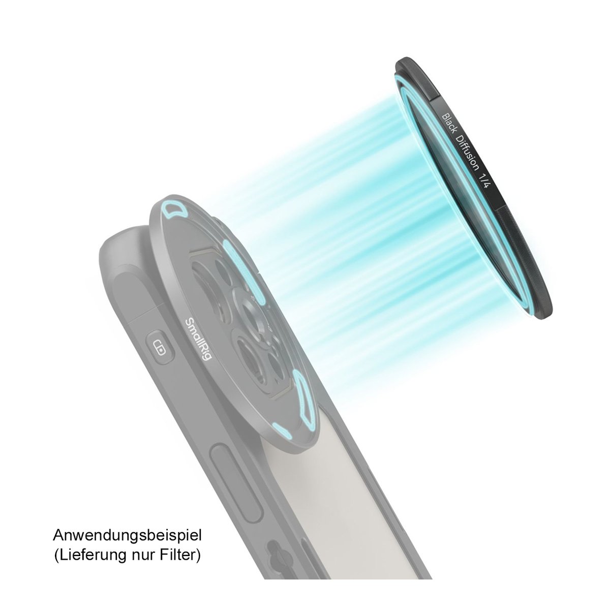 SmallRig 4583 Attachable 1/4 Effect Black Mist Filter 67 mm - Anwendungsbeispiel: Anbringung des Black Diffusion Filters an ein Smartphone-Case.