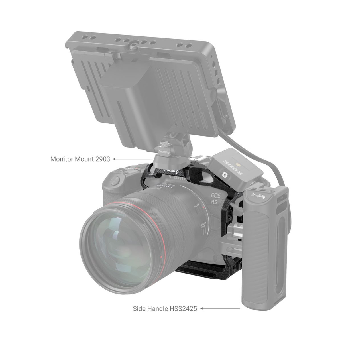 SmallRig 3656 Black Mamba Halbkäfig & Kabelklemme f. Canon EOS R5/R6/R5 C - Anwendungsbeispiel: Monitorhalterung 2903 und Seitenhandgriff HSS2425 an einer Kamera