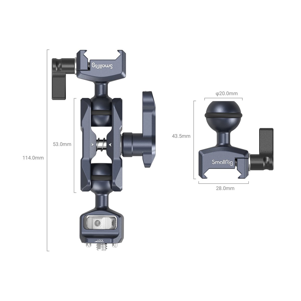 SmallRig 3875 Magic Arm m. Doppelkugel- Kopf (1/4"-20 Schraube+NATO Klemme) - Maßzeichnung der SmallRig Kamerahalterung mit Komponenten und Abmessungen.