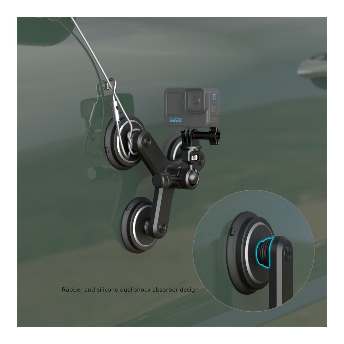 SmallRig 4468 Dreifach Magnetische Saugnapfhalterung für Action-Kameras - Anwendungsbeispiel Saugfusshalterung für Action-Kameras mit Detailansicht des stoßdämpfenden Designs.
