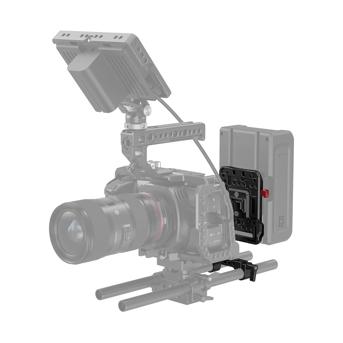 SmallRig 2991 V-Mount-Akku-Adapterplatte mit verstellbarem Arm - Anwendungsbeispiel: V-Mount Batterieplatte am Kamerarig montiert, Vorderansicht