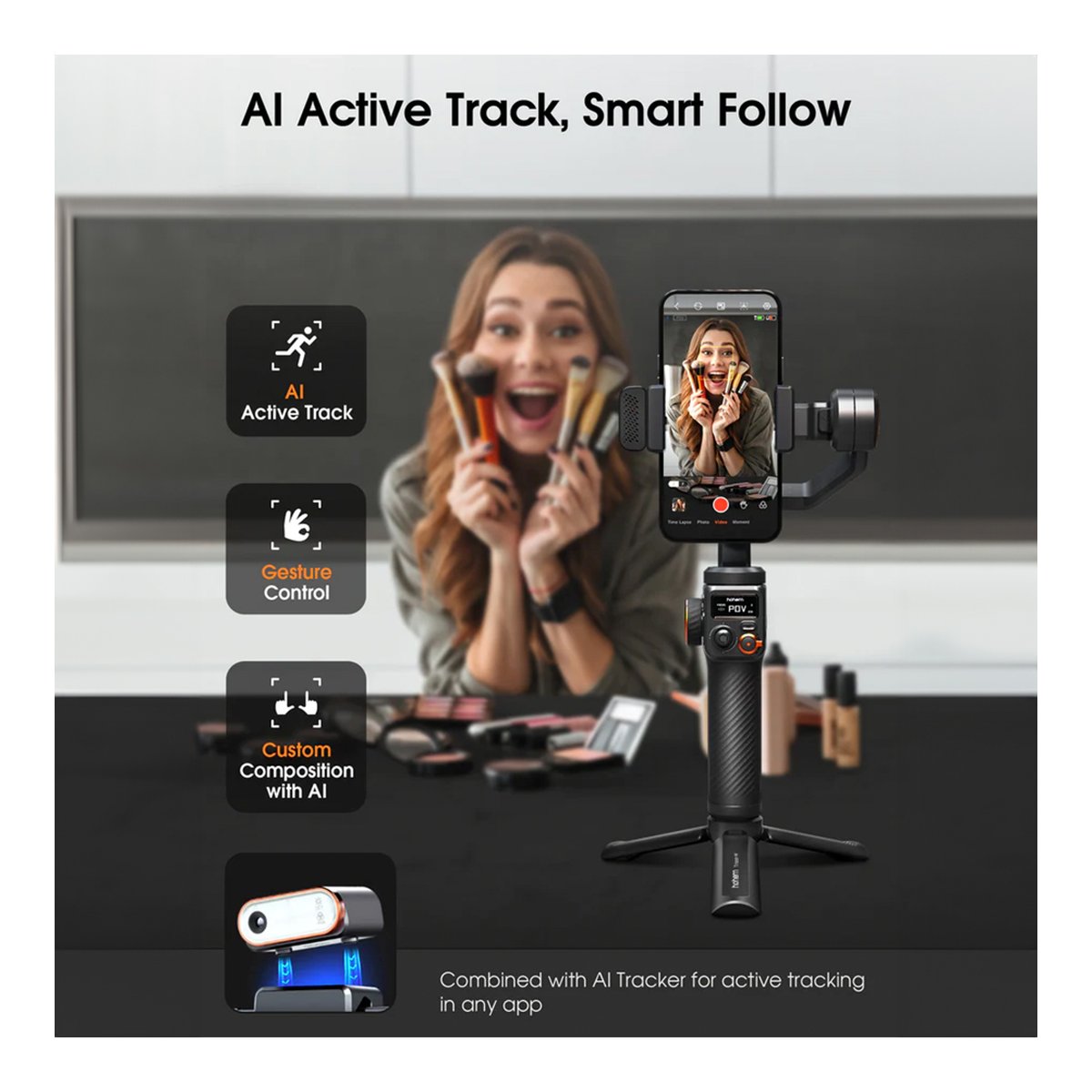 Hohem Magnetic Fill light & Integrated with AI Tracking Module for iSteady M6 - Anwendungsbeispiel: Smartphone-Gimbal mit aktiver KI-Tracking, Gestensteuerung & AI-Komposition.