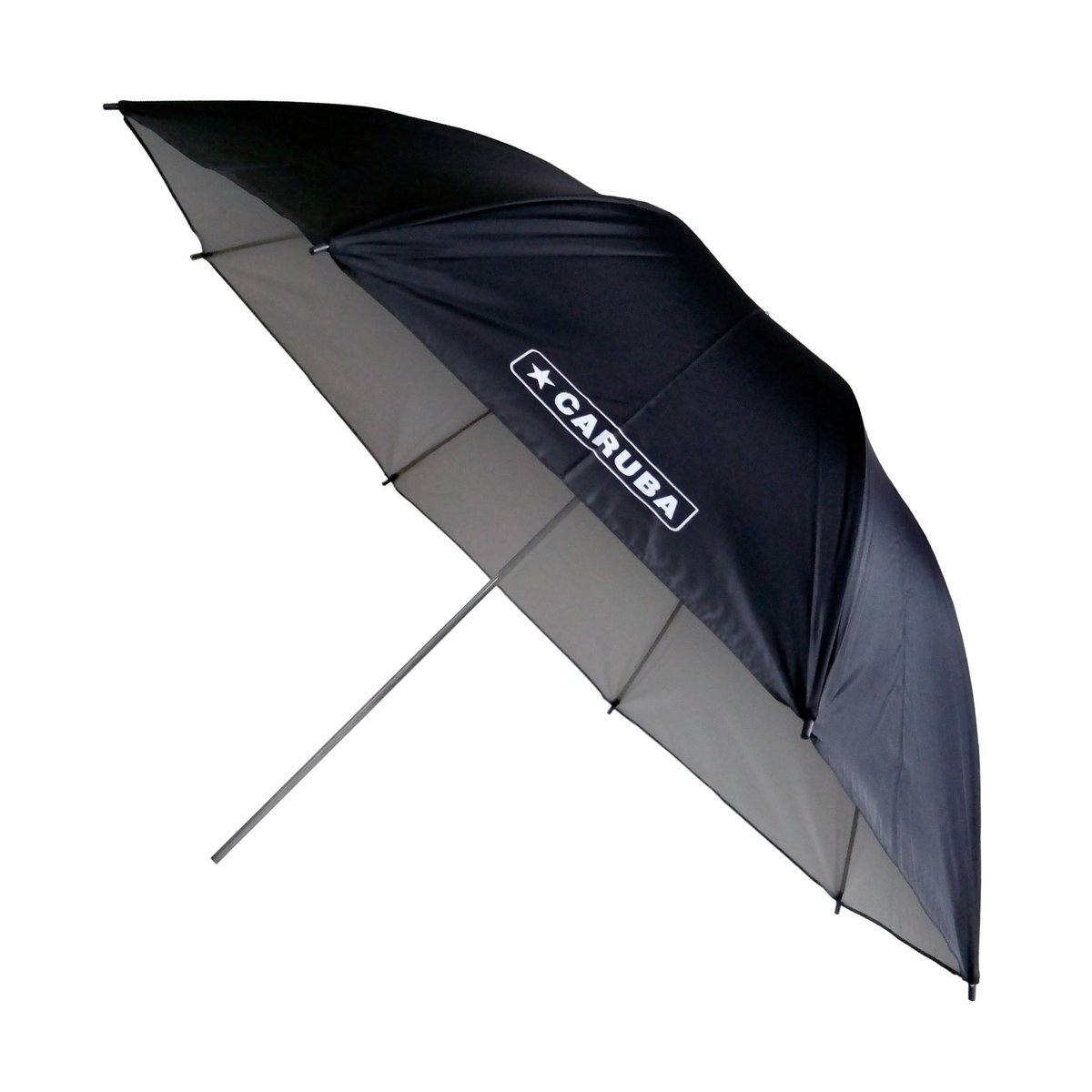Caruba Flitsparaplu Wit/Zwart 109cm - Gesamtansicht des geöffneten Caruba Reflexschirms in Schwarz mit grauem Innenbereich.