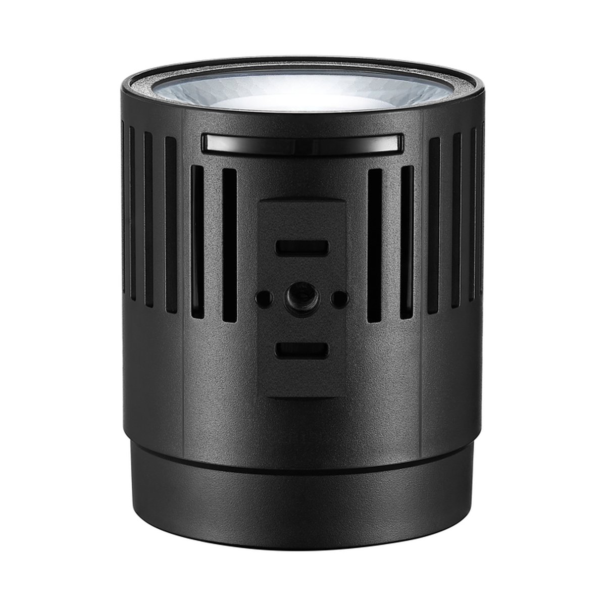 Godox Litemons LED Tabletop Video Light Double Light Kit - Frontalansicht eines schwarzen, zylindrischen Projektionsmoduls mit großer Linse und seitlichen Lüftungsschlitzen.