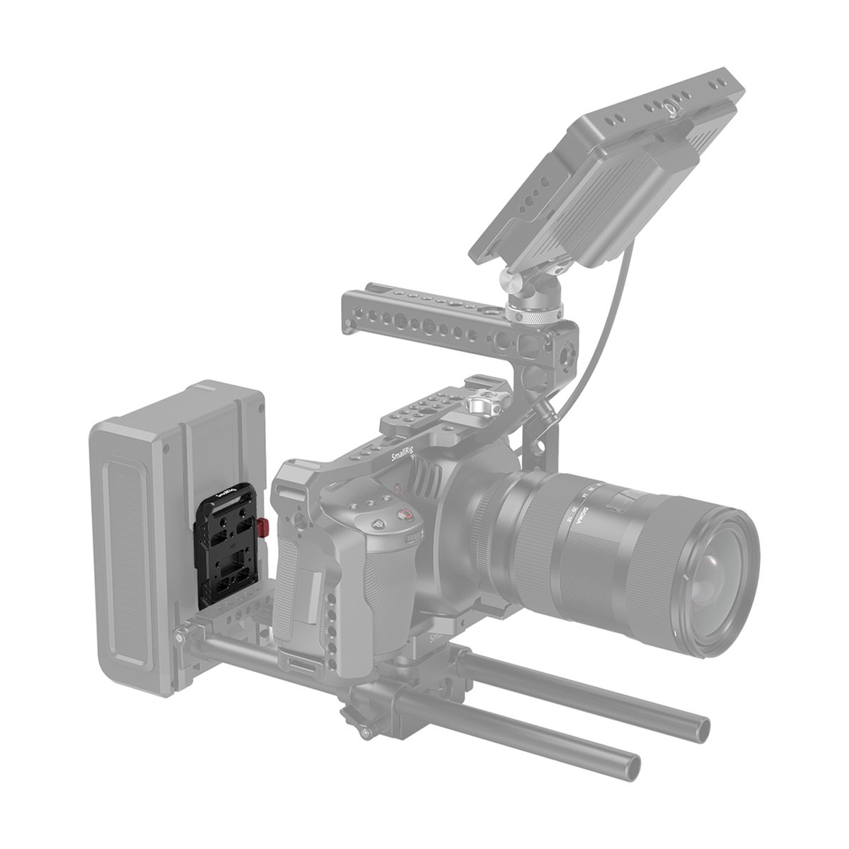 SmallRig 2987 Mini V-Mount Battery Plate Batterieadapter-Platte - Anwendungsbeispiel der Schnellwechselplatte mit angebrachtem Akku an einer Kamerarig.