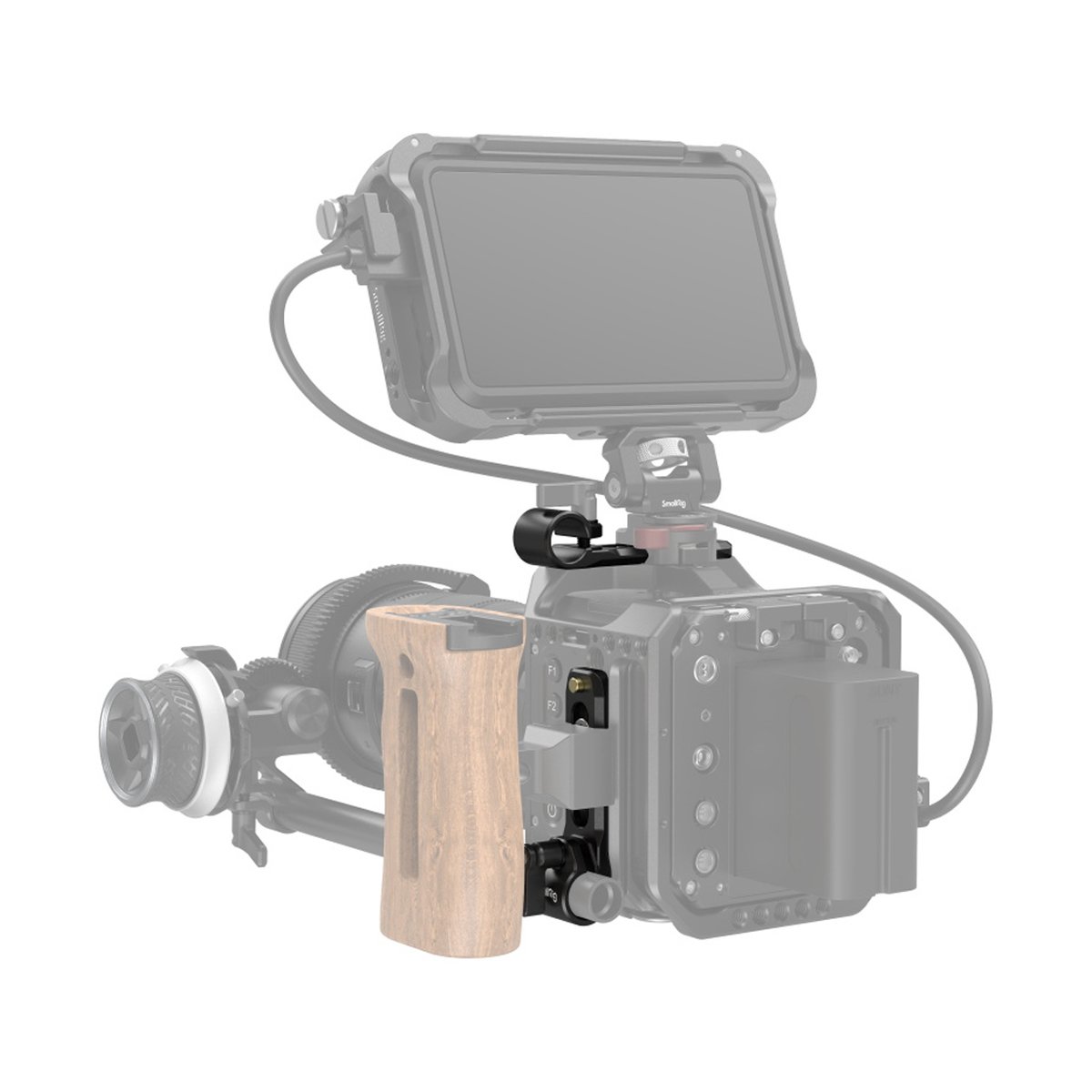 SmallRig 3011 Stangenklemme ( mit Nato Schiene) - Anwendungsbeispiel: Holzerner Seitengriff und Monitor-Mount an Kamera-Rig.