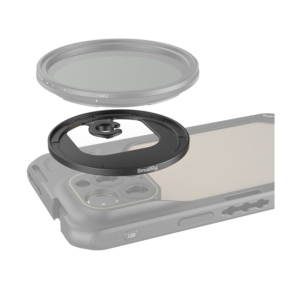 SmallRig 4587 Attachable Filter Adapter (M-Mount) 67 mm - Montageprinzip: ND-Filter und SmallRig Adapterring schwebend über einer Handyhülle