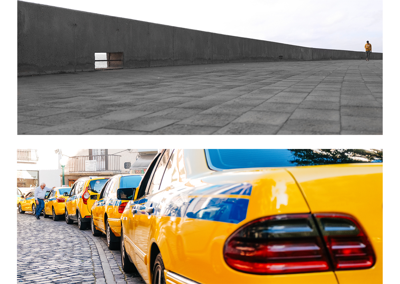 Urbanes Streetfoto mit gelben Taxis und Passant in weiter Perspektive, fotografiert mit Fujifilm GFX100RF