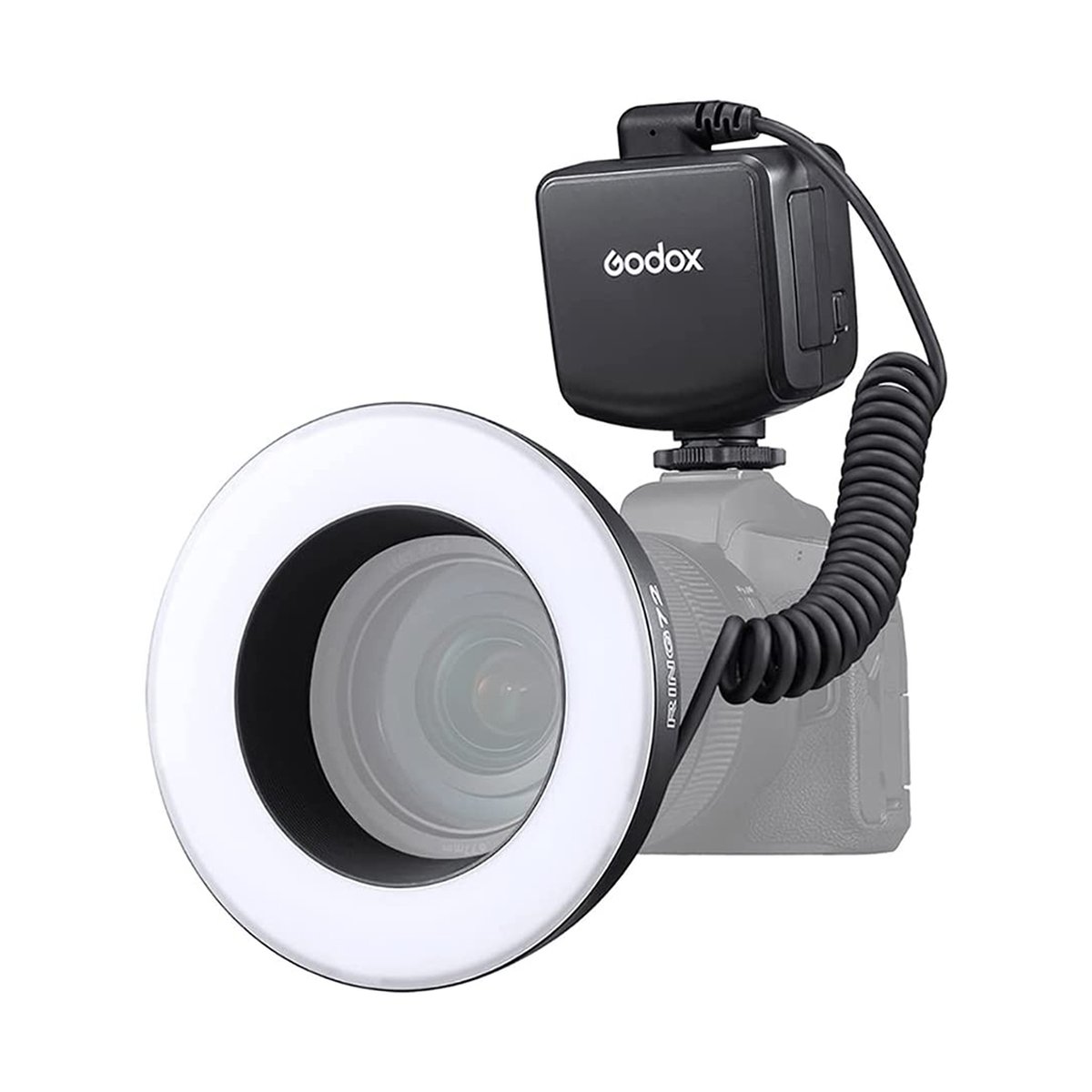Godox Ring72 Makro-Ringleuchte - Godox Ringlicht und Blitzgerät an einer Kamera, Frontansicht