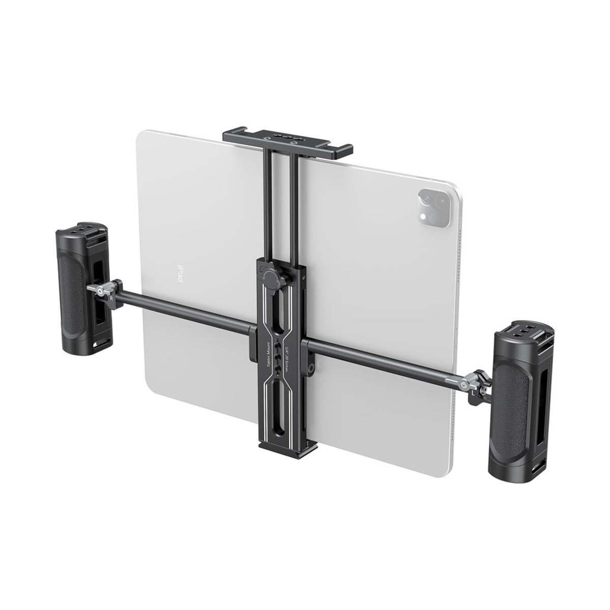 SmallRig 2929B Tablet Halterung mit Doppelgriff für iPad - Rückansicht der Tablet-Halterung mit iPad und seitlichen Griffen.