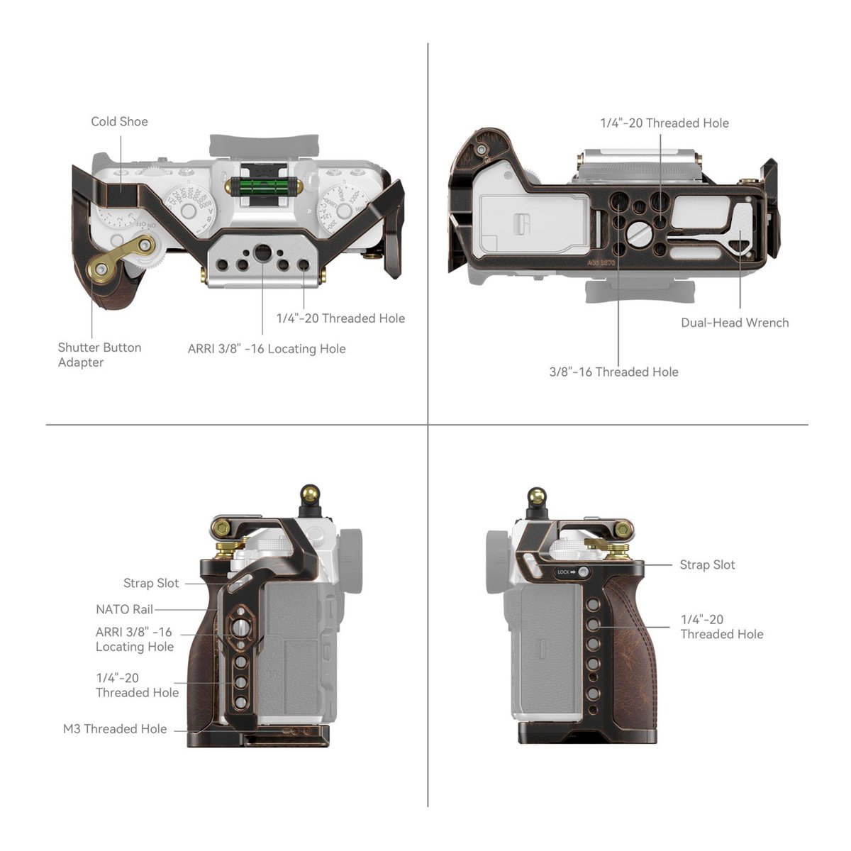 SmallRig 3870 Retro Cage für Fujifilm X-T5 - TECHNISCHE DETAILANSICHTEN DES KAMERA-CAGES VON ALLEN SEITEN MIT KENNZEICHNUNG DER MONTAGEPUNKTE
