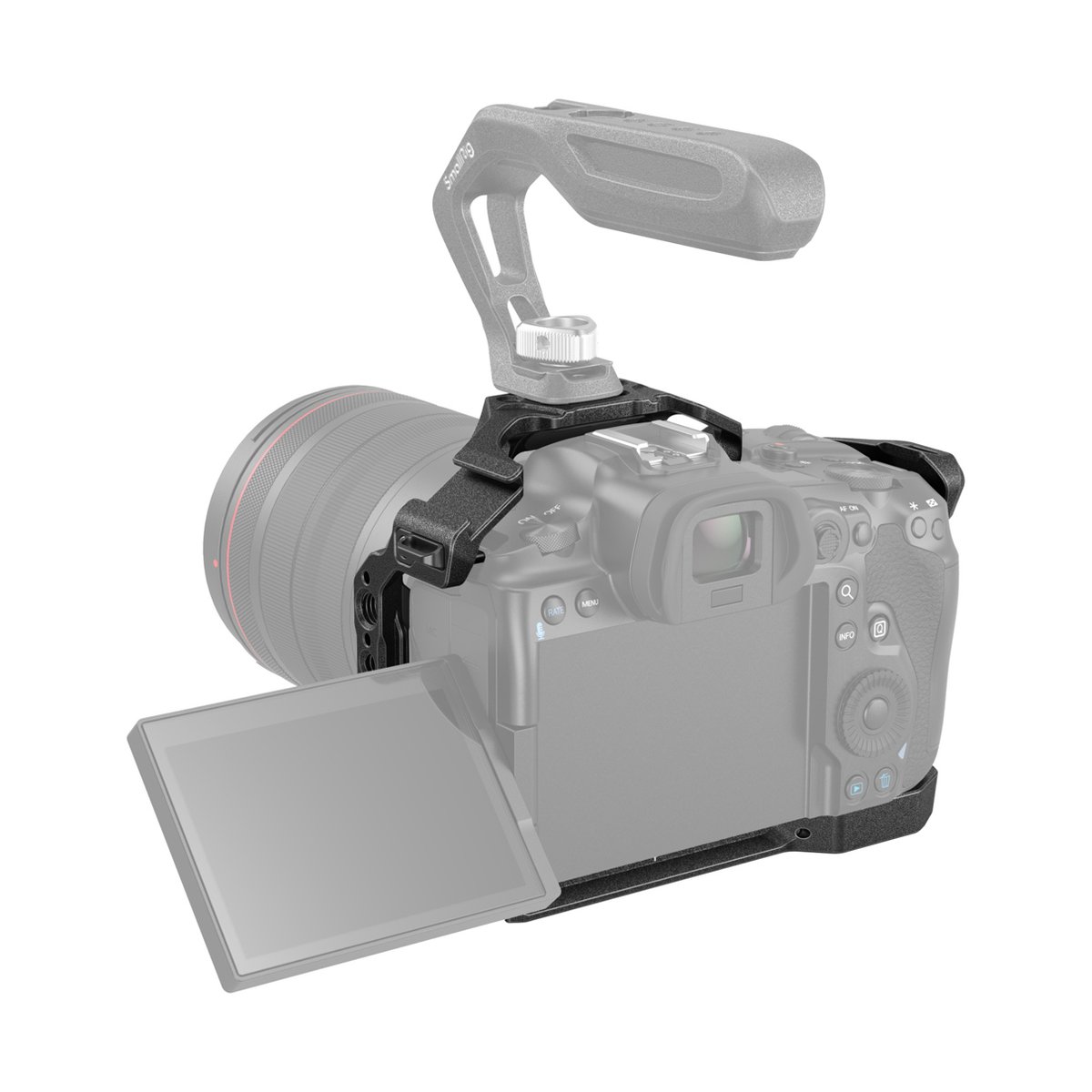 SmallRig 3233B Black Mamba Cage für Canon EOS R5/R6 - Anwendungsbeispiel: Kamerakäfig mit Top-Handle montiert an Kamera, Rückansicht mit Display