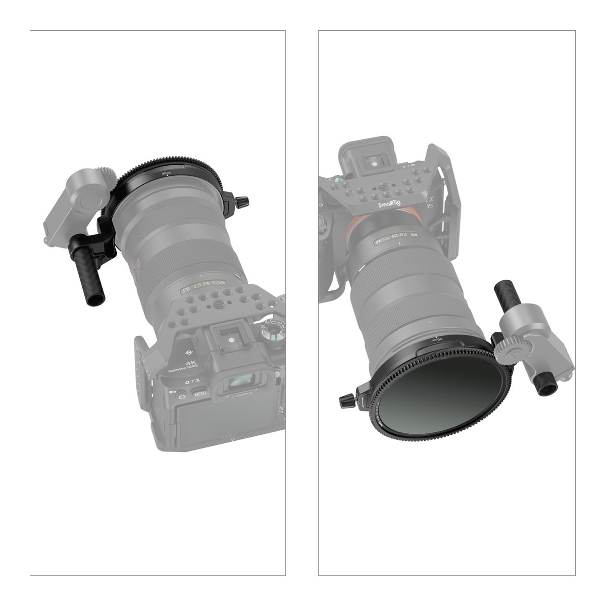 SmallRig 3864 CPL-VND Filterkit 95 mm mit Rod Clamp - Detailansicht: Fokus-Zahnradring am Kameraobjektiv, mit und ohne Hebel