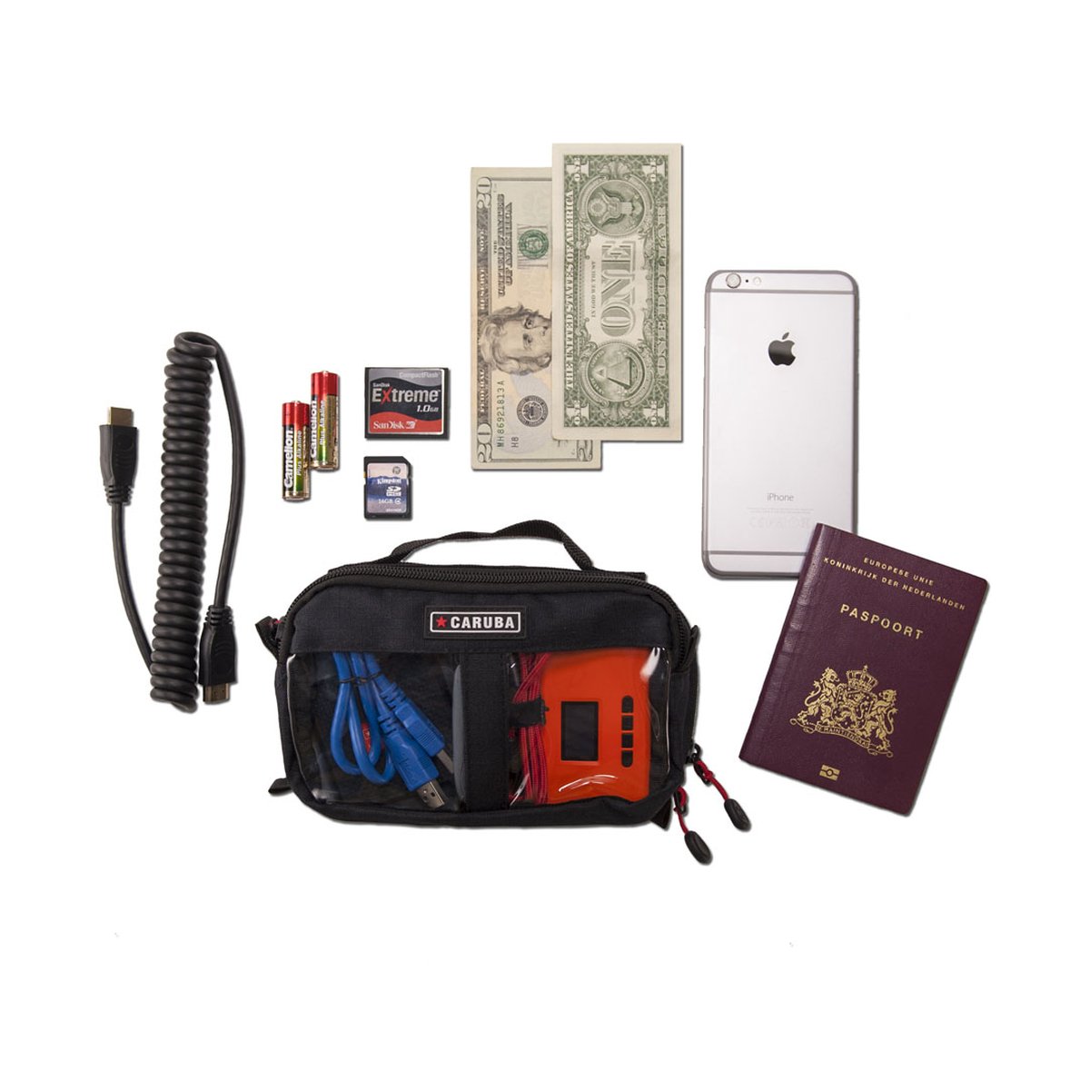 Caruba Kabeltasche S - doppelseitig - Anwendungsbeispiel: Caruba Tasche mit typischem Reise-Zubehör wie iPhone, Reisepass, Geld, Kabel & Speicherkarten.