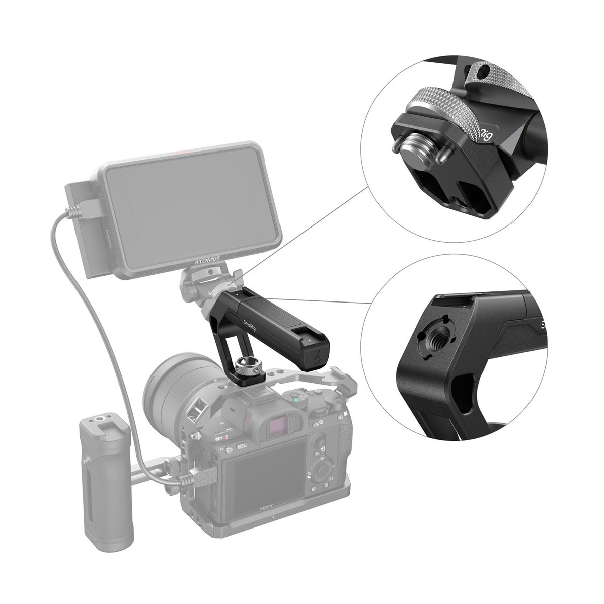SmallRig 4757 ARRI Locating Top Handle (Tiny) - Anwendungsbeispiel der Monitorhalterung mit Details der Befestigung SmallRig 4757 ARRI Locating Top Handle (Tiny) - Anwendungsbeispiel der Monitorhalterung mit Details der Befestigung