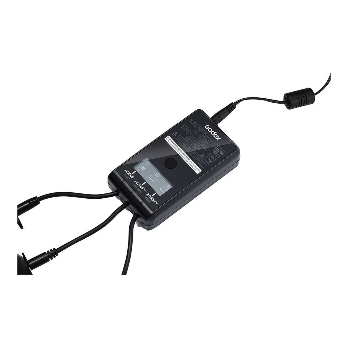 Godox Akku-Ladegerät AD600Pro, AD600B, AD400Pro - Draufsicht auf Godox UC-46 Multi-Ladegerät für AD300Pro, AD400Pro, AD600Pro Akkus, mit angeschlossenen Kabeln.