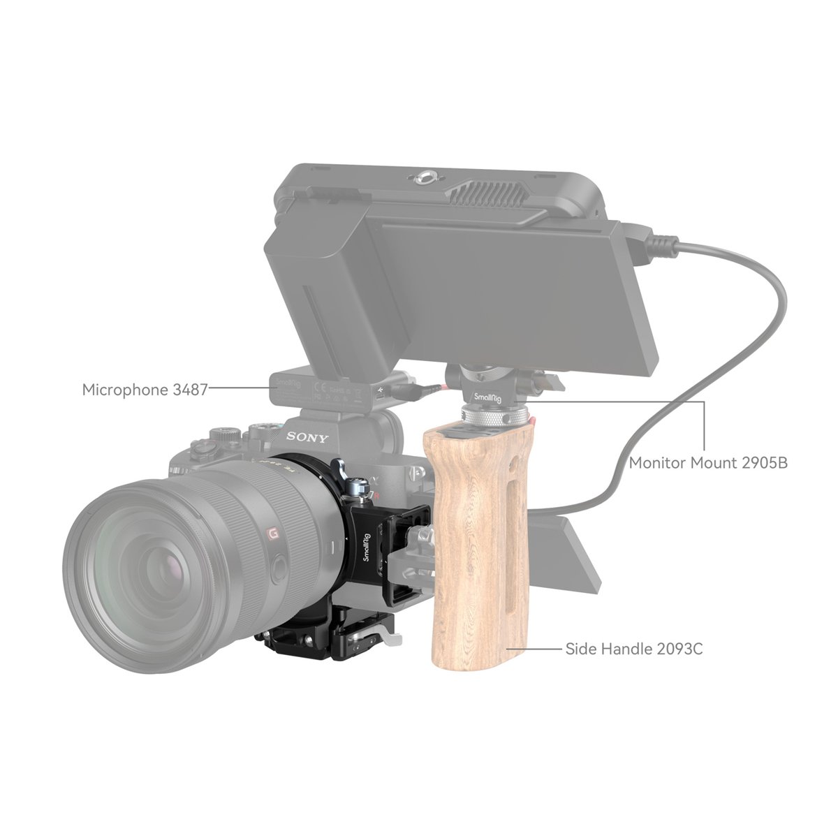 SmallRig 4244 Drehbares Horizontal- Vertikal-Montageplatten-Kit für Sony - Anwendungsbeispiel: Kamerarig mit SmallRig Mikrofon, Monitorhalterung und Holzseitengriff