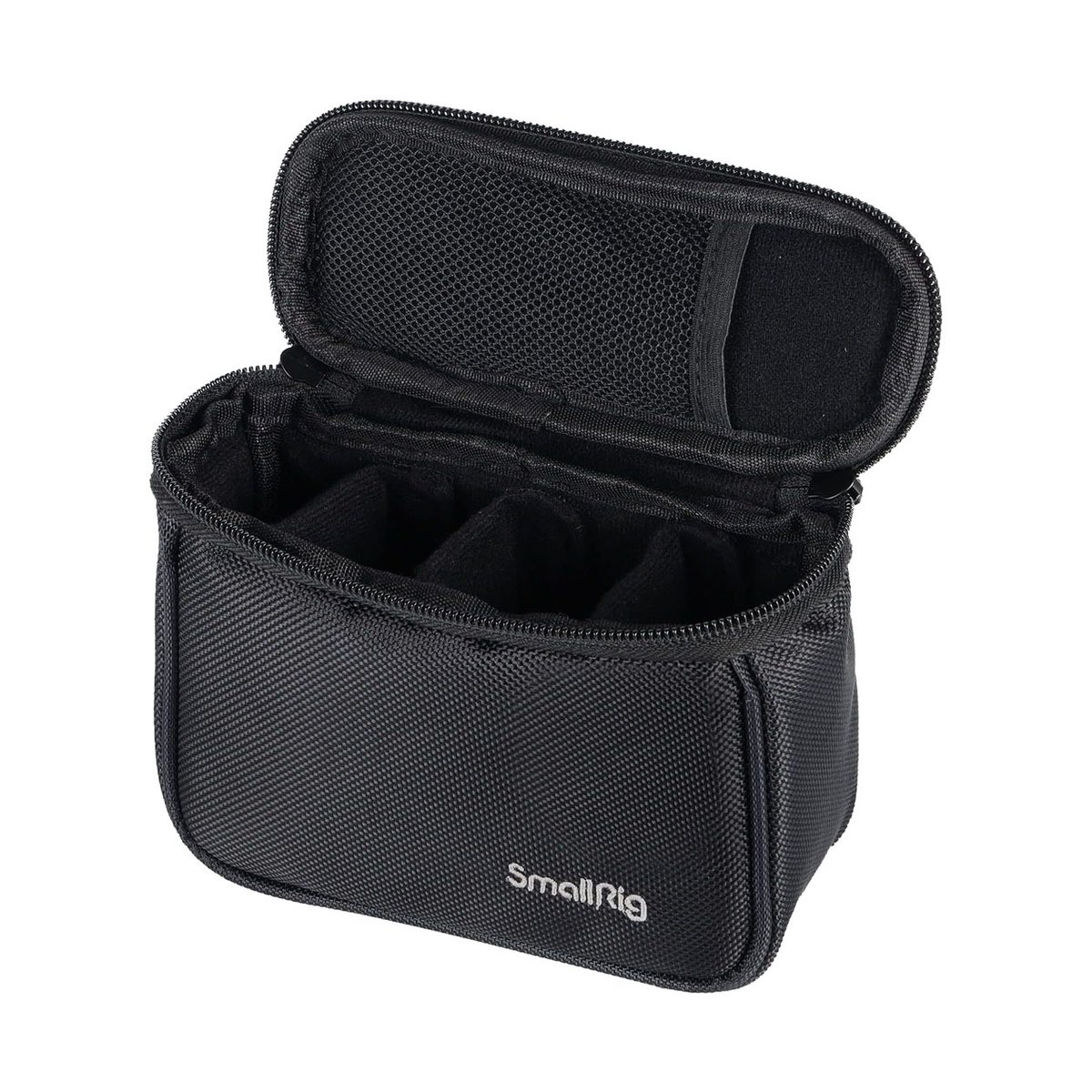 SmallRig 3704 Aufbewahrungstasche - Offene Ansicht der SmallRig Aufbewahrungstasche mit mehreren gepolsterten Innenfächern und Netzfach im Deckel.
