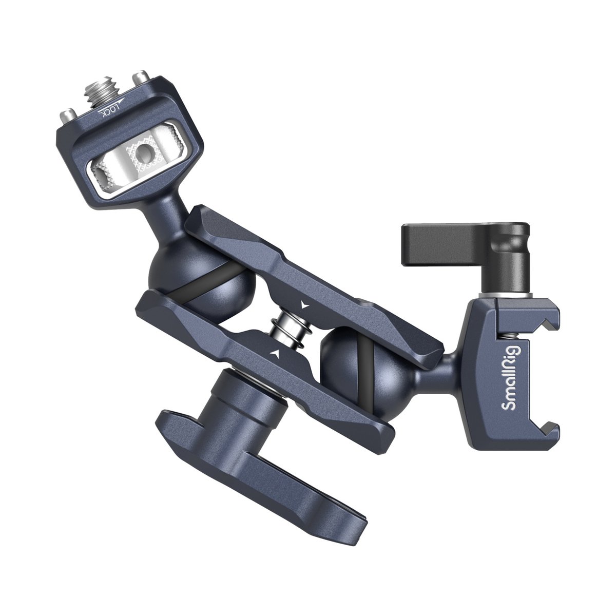 SmallRig 3875 Magic Arm m. Doppelkugel- Kopf (1/4"-20 Schraube+NATO Klemme) - SmallRig Gelenkarm mit Kugelköpfen, Klemme und Blitzschuhadapter, schräge Ansicht.