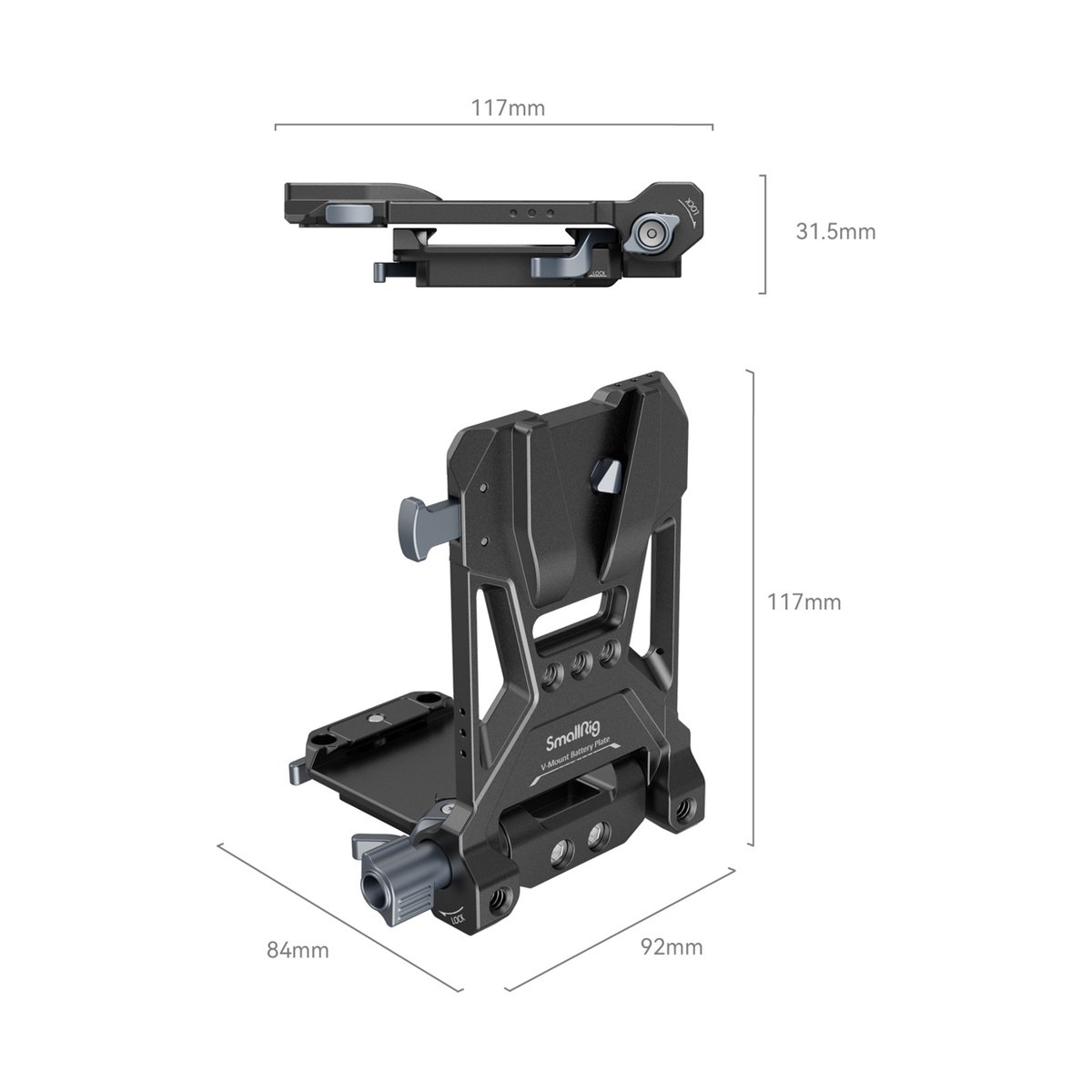 SmallRig 4064B Kompaktes V-Mount-Batterie Montagesystem - Maße: SmallRig V-Mount Batteriehalter mit Ansichten von oben und seitlich inkl. Bemaßung.
