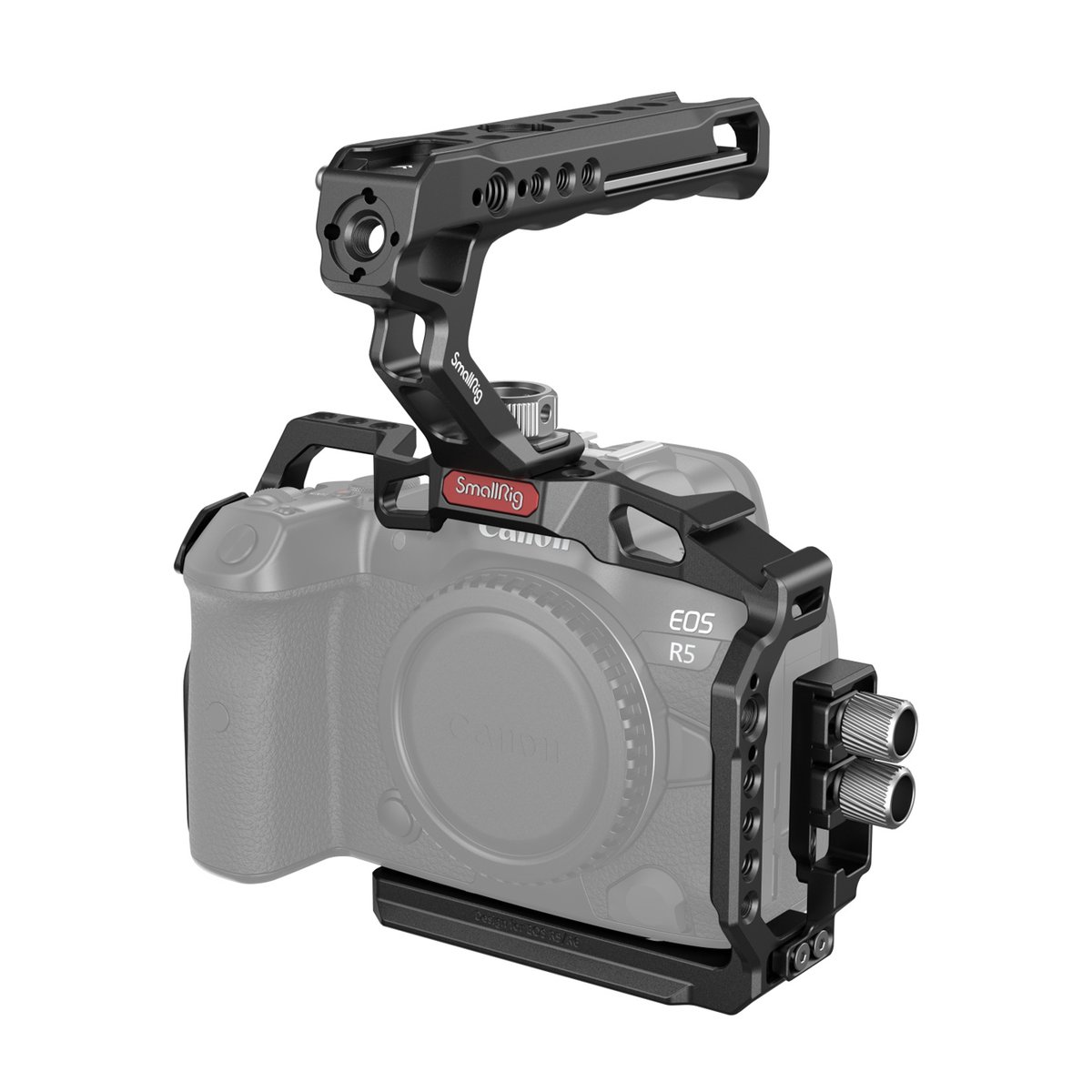 SmallRig 3830B Handheld Kit für Canon EOS R5/R6/R5C - Anwendungsbeispiel: SmallRig Kamera-Cage mit Top-Griff an Canon EOS R5, schräge Frontansicht.