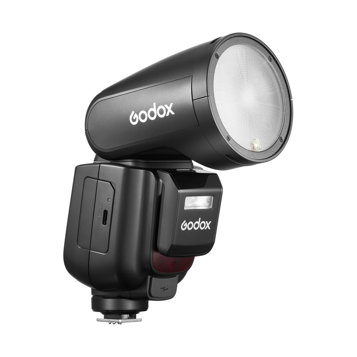 Godox Speedlite V1Pro Fujifilm - Front-Seitenansicht des Godox Blitzgeräts.