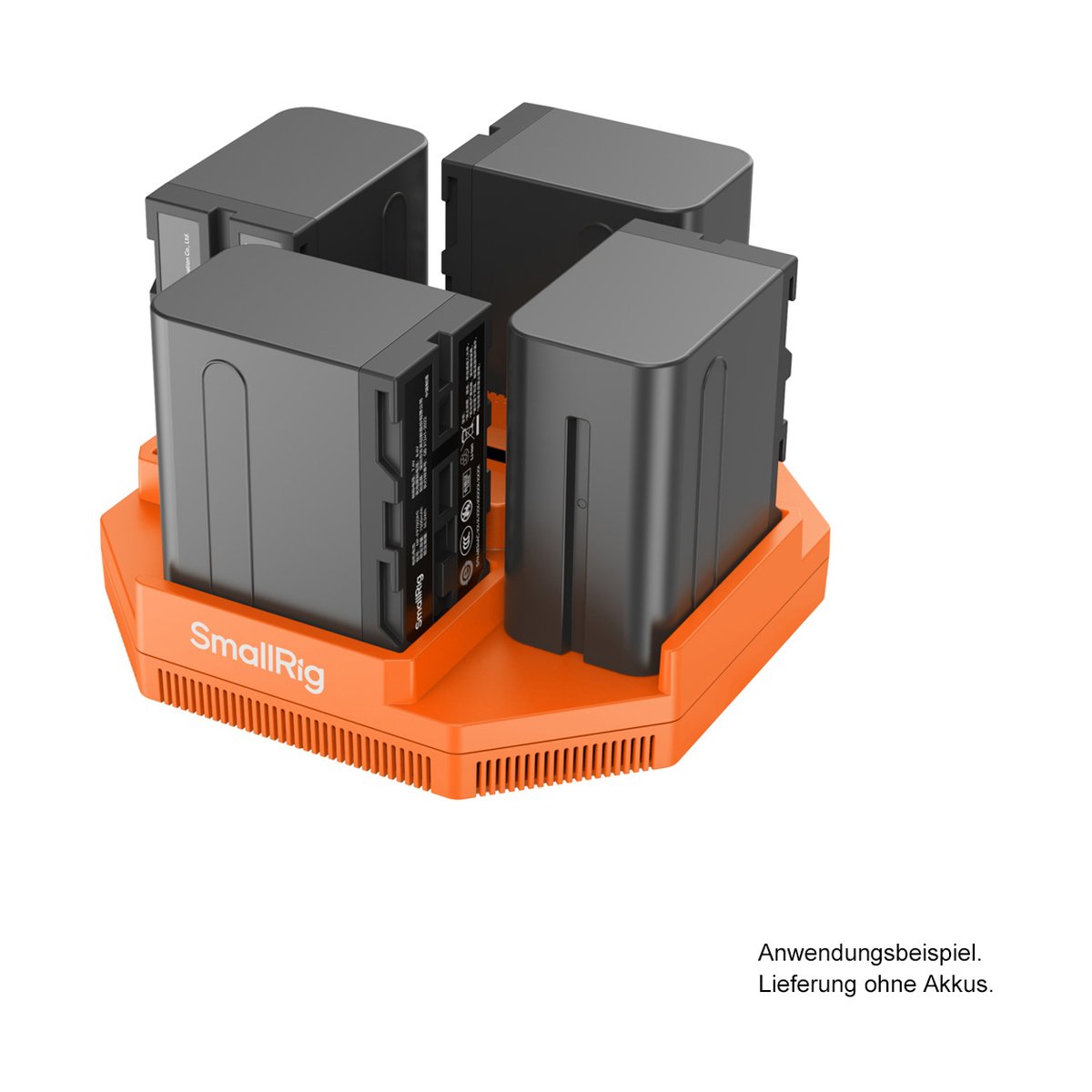 SmallRig 4837 NP-F 4-Kanal Kamera-Akku-Ladegerät - Anwendungsbeispiel: SmallRig Ladegerät mit vier schwarzen Akkus, von schräg oben.