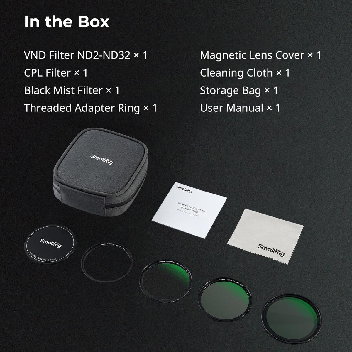 SmallRig 4726 5-in-1 Attachable Filter Kit VND 2-32 & CPL & 1/4 Effect Black Mist (67mm)