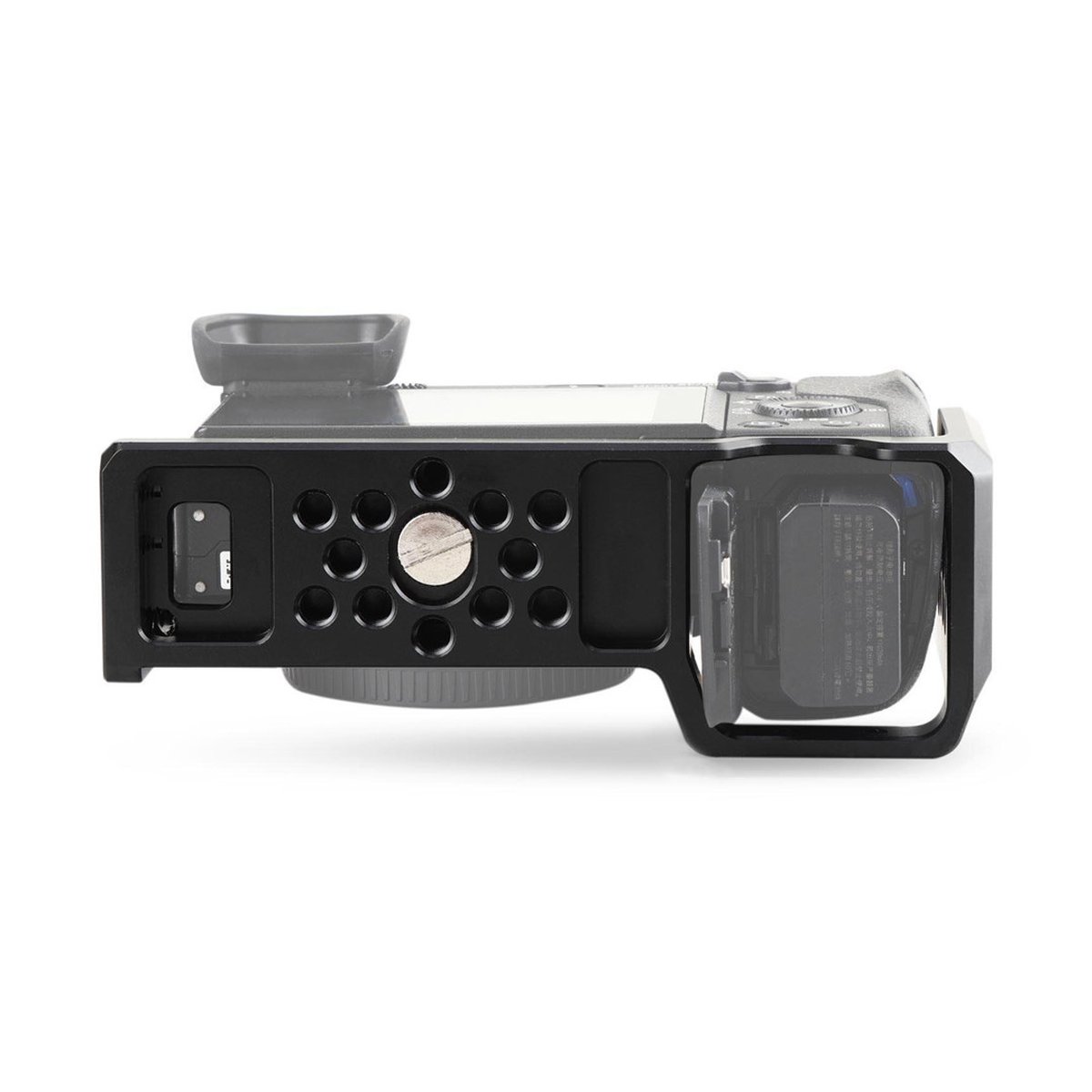 SmallRig 1661 Kamera-Cage für Sony - Anwendungsbeispiel: Unterseite der Kamera mit montiertem L-Bracket, offenes Akkufach