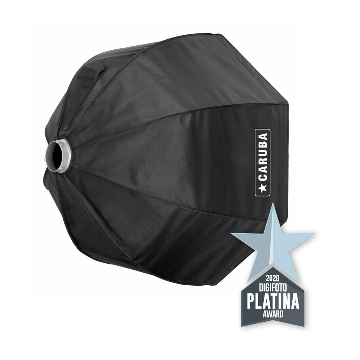 Caruba Quick Assembly Matte Silber Octabox 95cm - Caruba Achteck-Softbox, diagonale Ansicht, mit Digifoto Platina Award