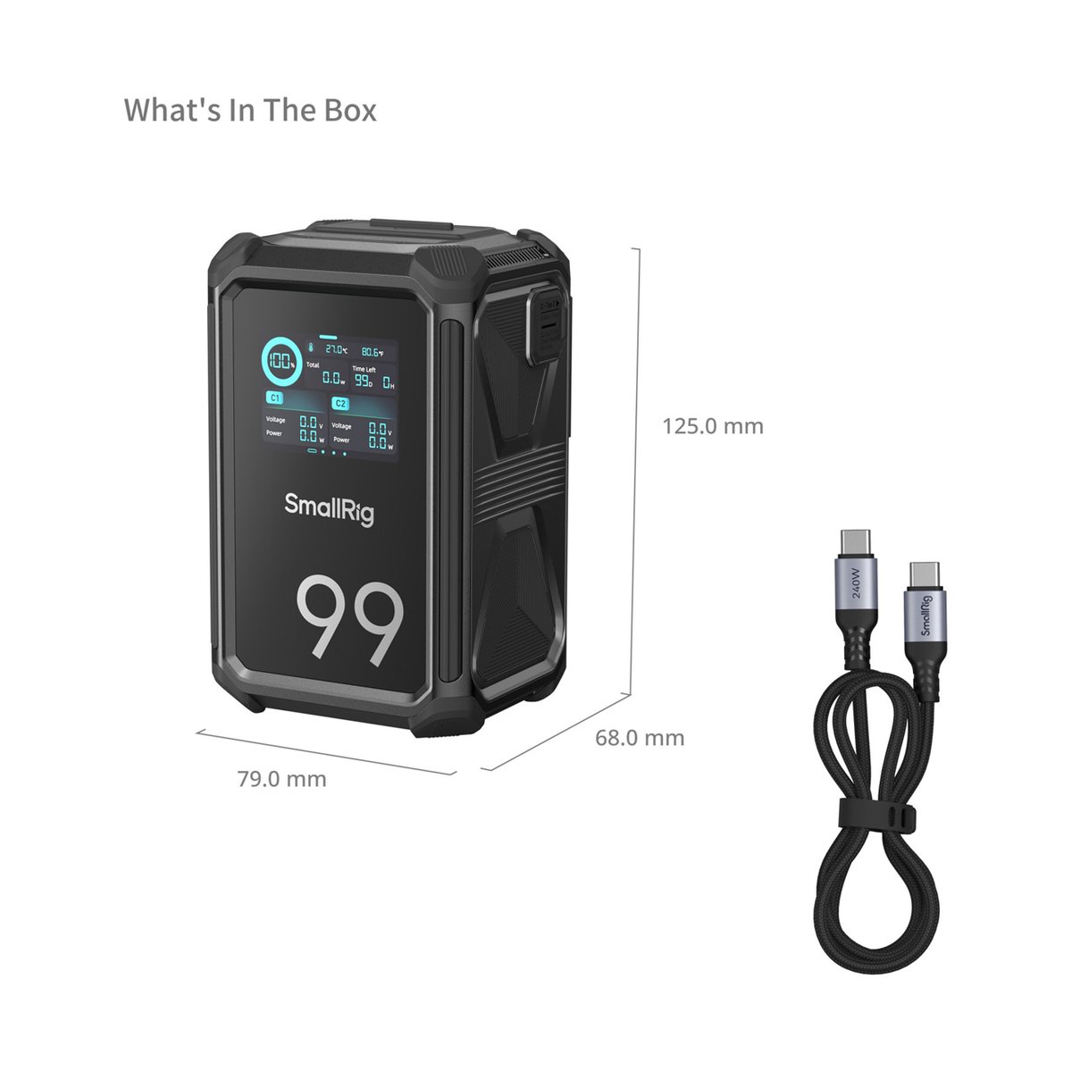 SmallRig 4984 X-Touch Smart Dreifach Proof V-Mount Akku X99 - Lieferumfang: SmallRig 99 Akku mit Abmessungen und USB-C Ladekabel