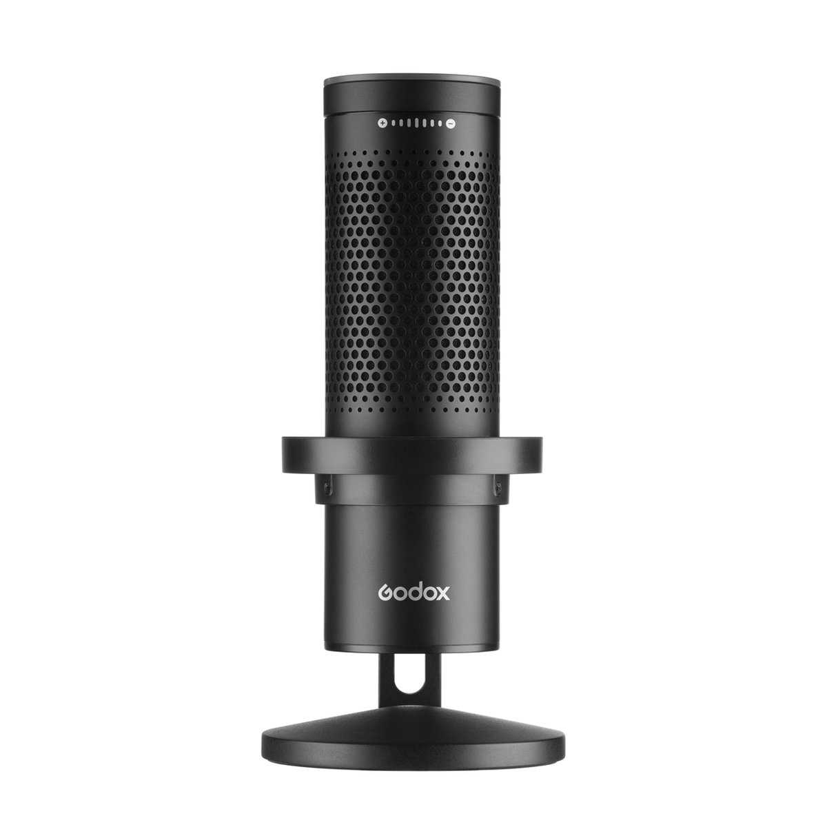Godox RGB USB Condenser Microphone (w/ app control) EM68G - Frontansicht des schwarzen Godox USB-Mikrofons mit perforiertem Gehäuse und Standfuß.