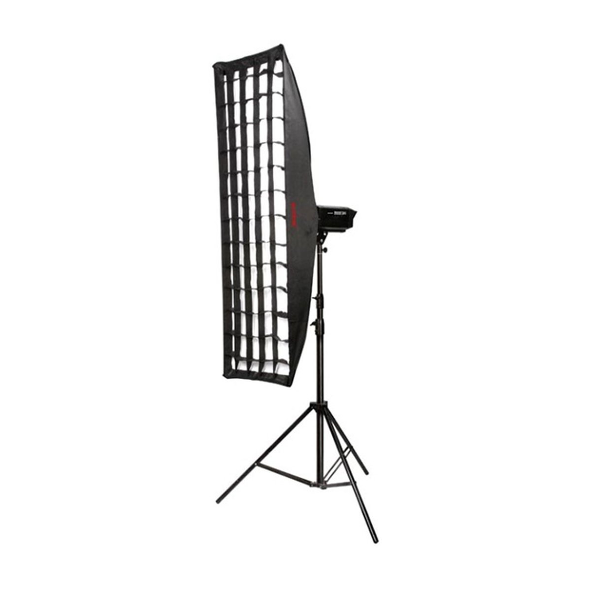 Godox Softbox Bowens Mount + Grid - 35x160cm - Frontansicht: Rechteckige Strip-Softbox mit Wabe auf Lichtstativ
