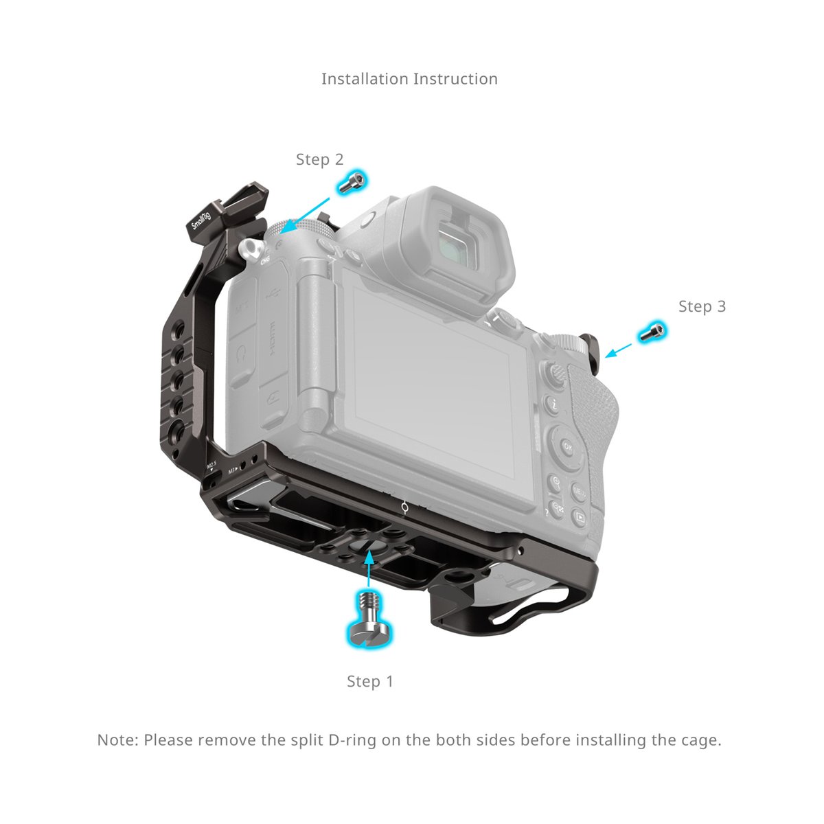 SmallRig 4521 Night Eagle Cage für Nikon Z 6III - Montageanleitung: Kamerakäfig-Installation an Kamera, Schritte 1-3.