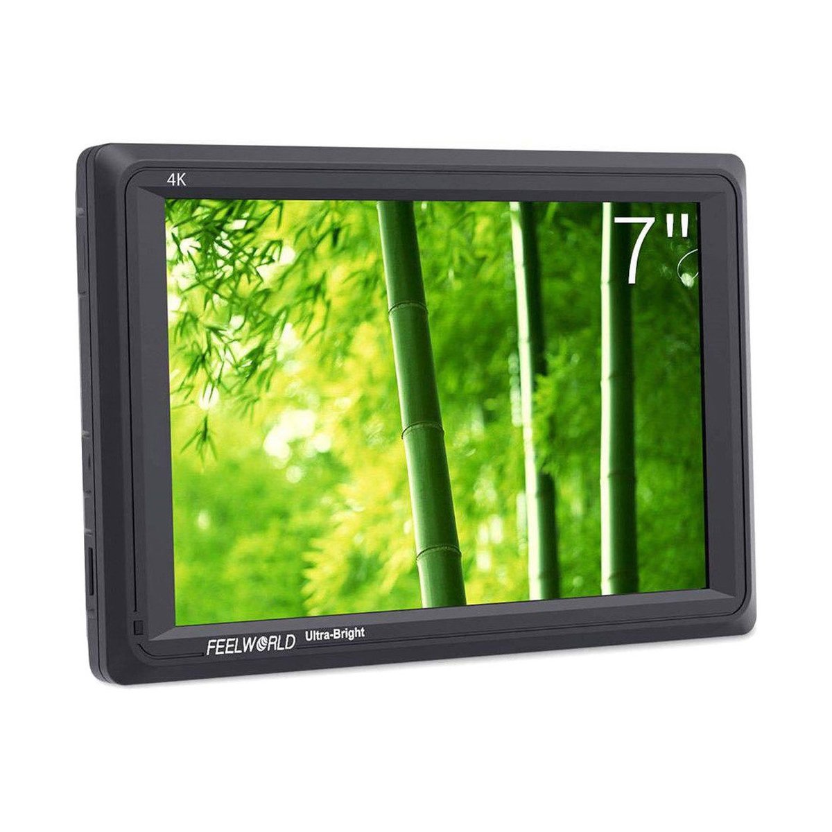 Feelworld 7" 4K FW279 Ultra Bright HDMI Monitor - Frontansicht des schwarzen 7" Feelworld 4K Ultra-Bright Monitors mit Bambusbild. Feelworld 7" 4K FW279 Ultra Bright HDMI Monitor - Frontansicht des schwarzen 7" Feelworld 4K Ultra-Bright Monitors mit Bambusbild.