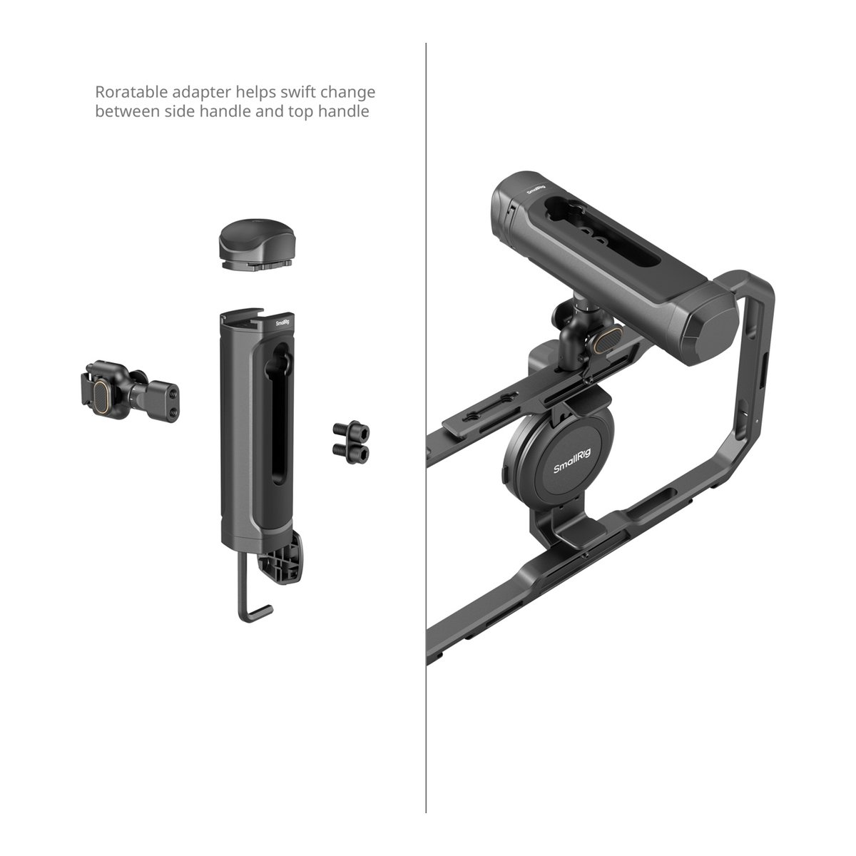 SmallRig 4704 All in one Video Kit für Smartphone Creators - SmallRig Kamera-Rig: Einzelteile und Montagesicht mit drehbarem Griffadapter für flexible Positionen.