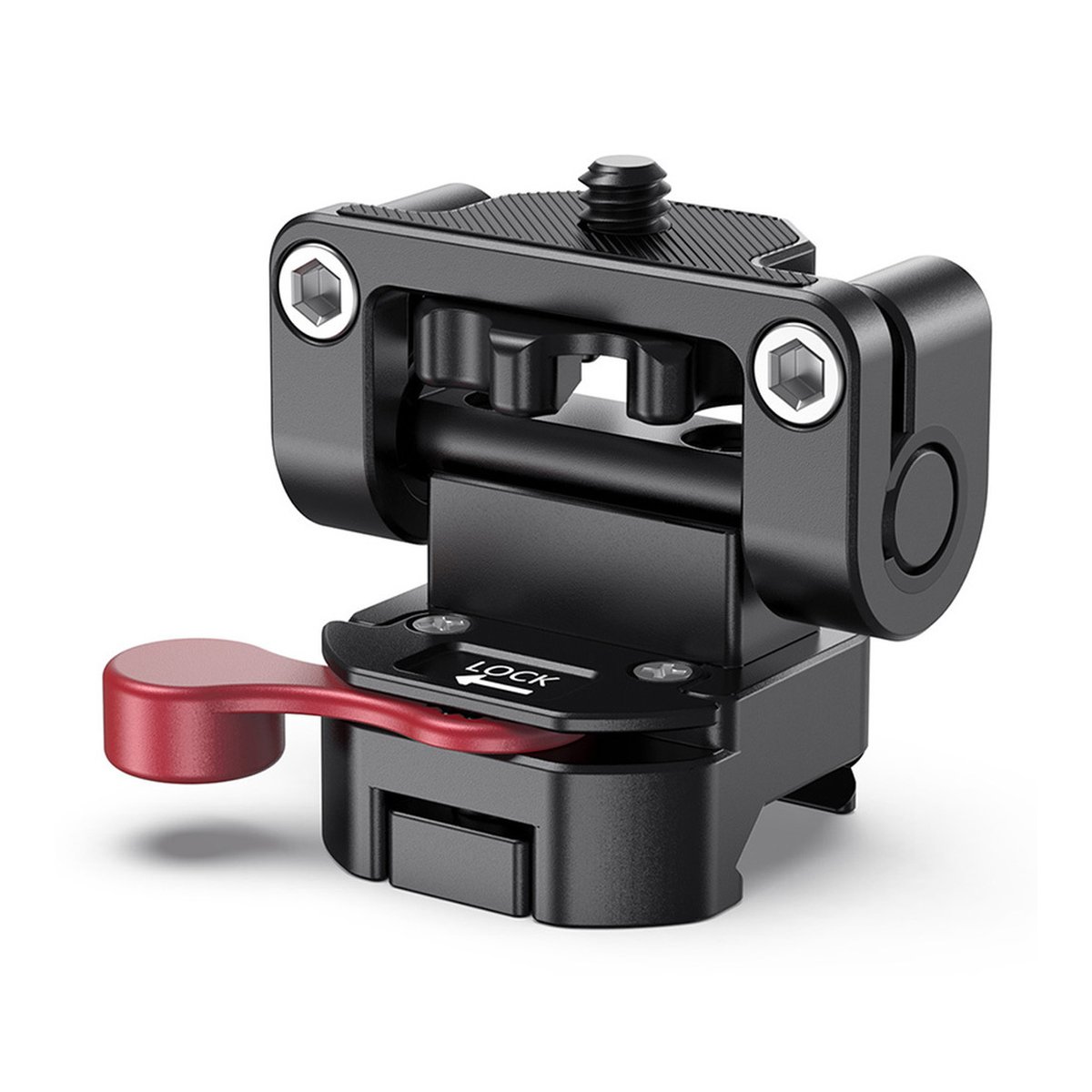 SmallRig 2100 DSLR-Monitorhalter mit NATO-Klemme - Schwarzer Kameraadapter mit rotem Verriegelungshebel, Produktansicht.