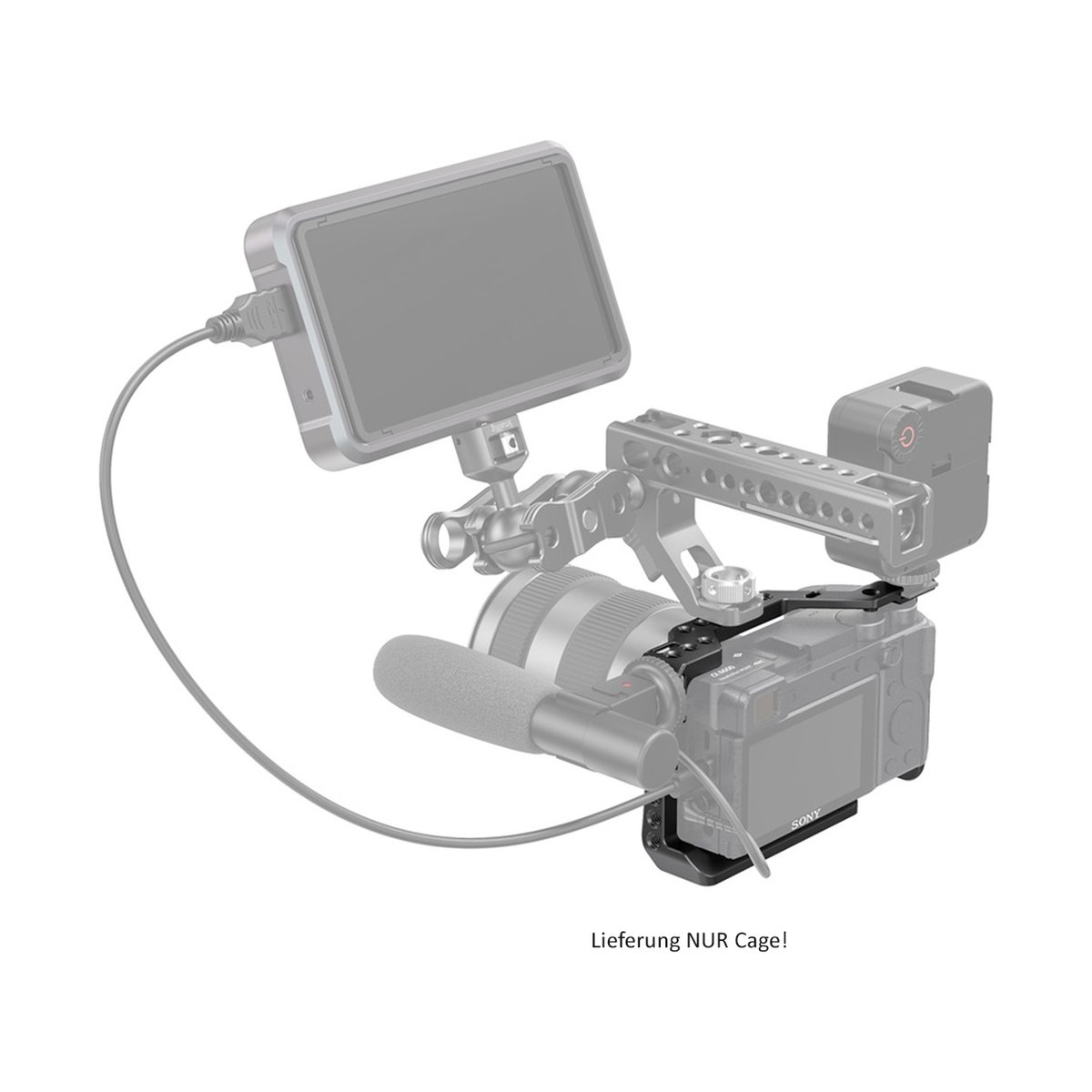 SmallRig 2493 Cage für Sony A6600 - Anwendungsbeispiel des Kamera-Cages an einer Kamera mit montiertem Monitor, Griff und Mikrofon SmallRig 2493 Cage für Sony A6600 - Anwendungsbeispiel des Kamera-Cages an einer Kamera mit montiertem Monitor, Griff und Mikrofon