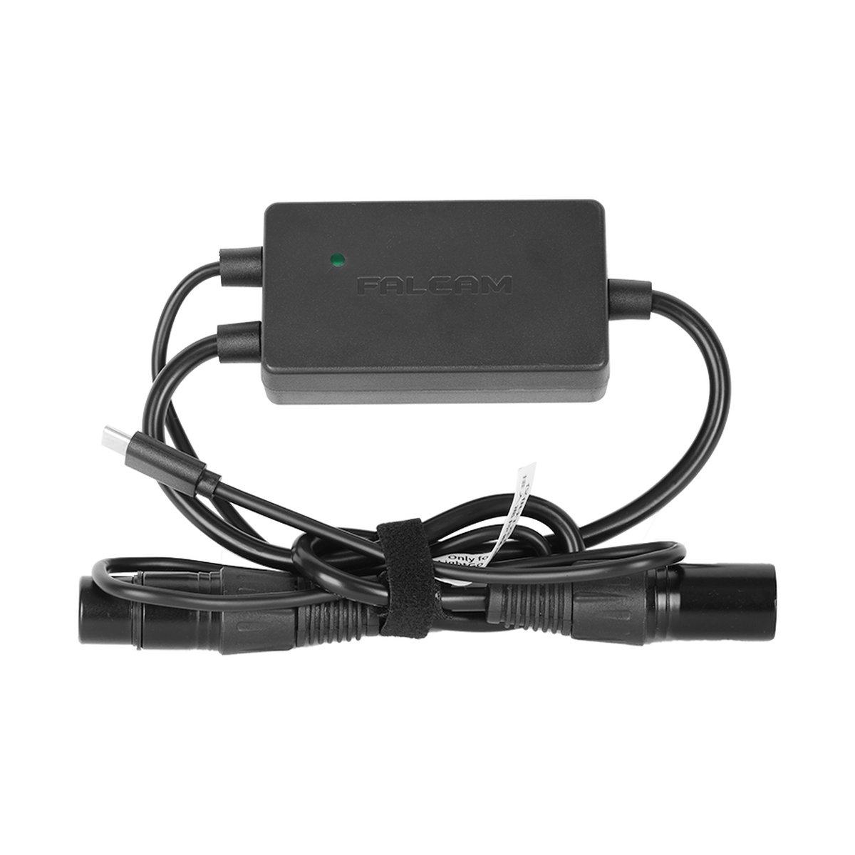 Falcam Move LightGo CANNON 600 Power Adapter Module MV0A4A07 - Gesamtansicht: Schwarzer FALCAM Konverter mit angeschlossenen Kabeln und Steckern.
