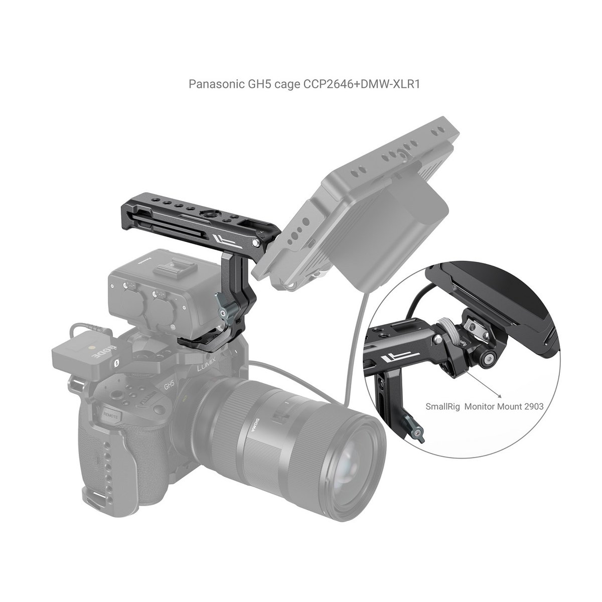SmallRig 3082 Top Handle Sony XLR K1M, XLR K2M, XLR K3M, DMW XLR1 Adapter - Anwendungsbeispiel des Kamerakäfigs für Panasonic GH5 mit Top-Griff & Monitorhalterung.